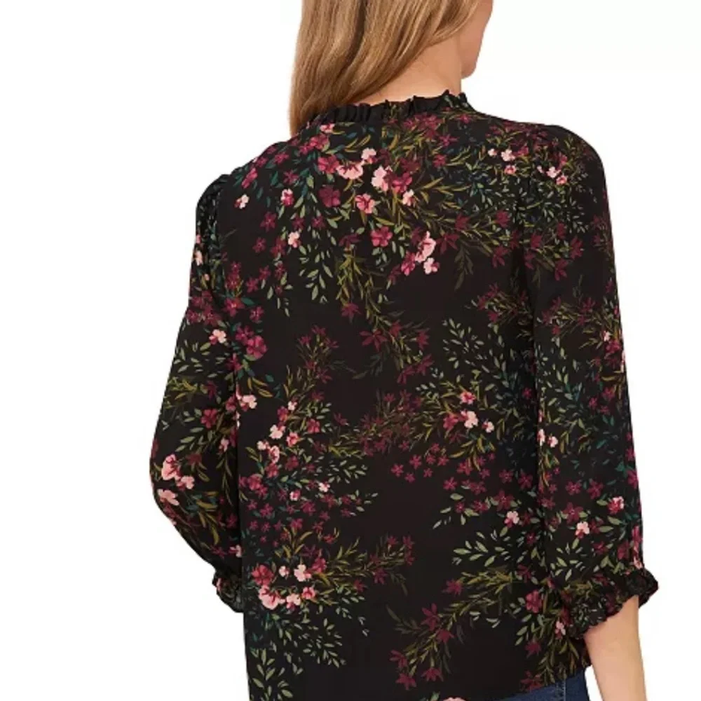 CeCe Women’s Floral Print Ruffled V-Neck Button Front Blouse - Picture 2 of 15